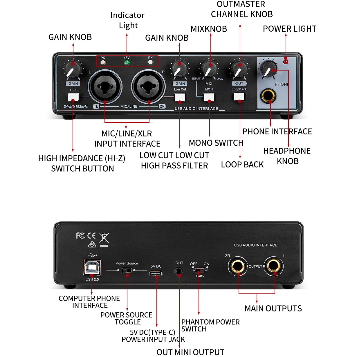 Sound Card Studio Record Professional USB Audio Interface Sound Equipment With Loopback Monitoring 48V Phantom for Recording New