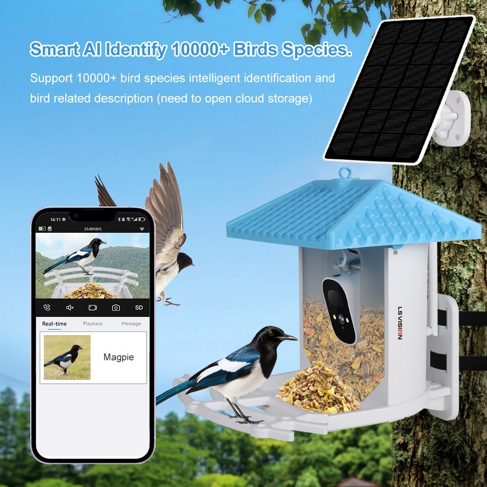 LS VISION Smart Bird Feeder Camera WiFi with Solar Panel AI Identify Bird Species, Auto Capture Watching 2K Cam, Live View ,
