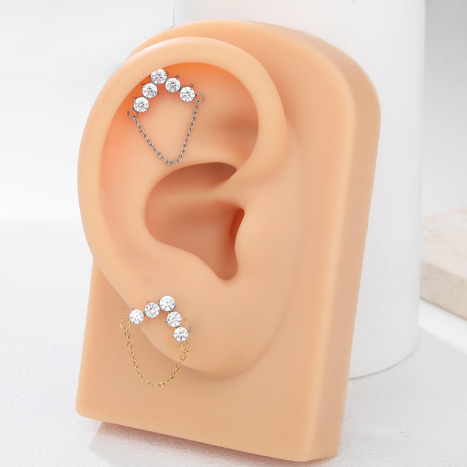 ASTM F136 Titanium 5-Cluster CZ Stud Earring with Dangle Chain Helix Cartilage Tragus Labret Lip Flat Back Piercing Women Gift