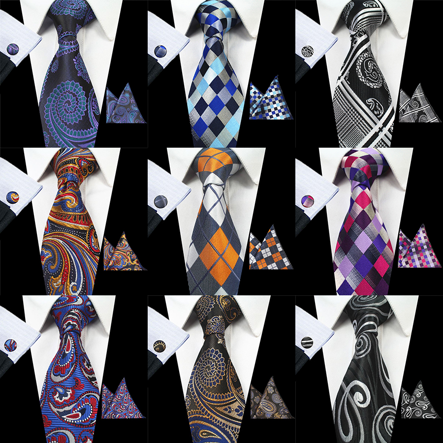 Ricnais Plaid Paisley Tie Set Silk Jacquard Mens Necktie Gravata Hanky Cufflinks Set Pocket Handkerchief Mens Tie for Wedding