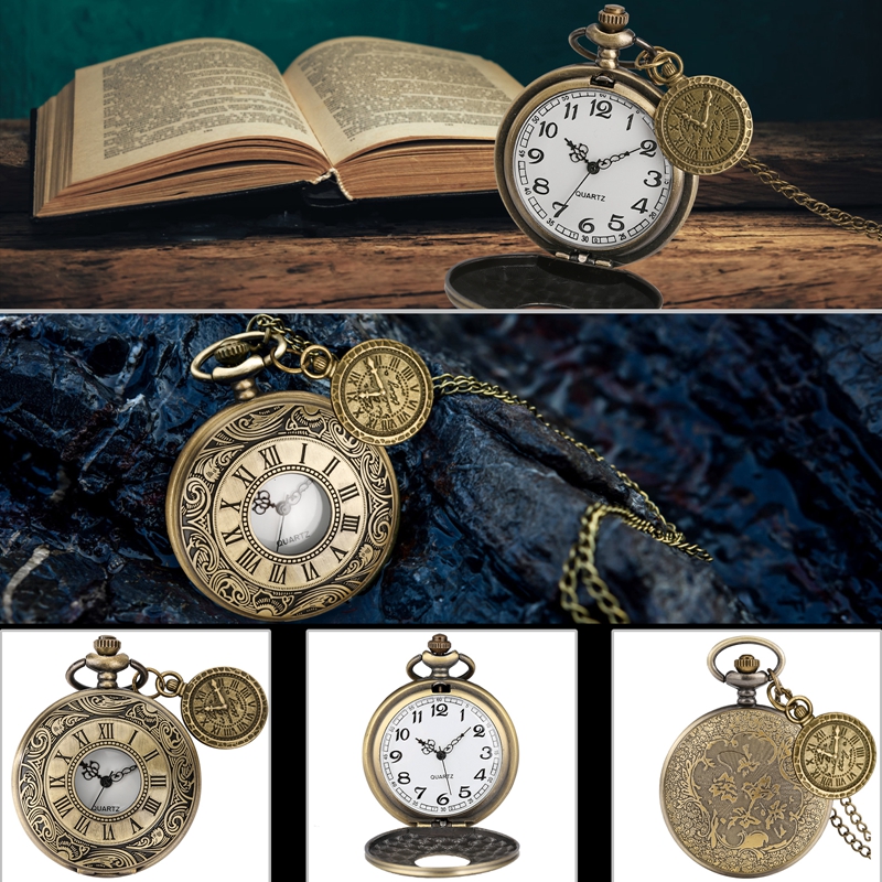 Retro Bronze Engraved Roman Numeral Case Quartz Pocket Watch Necklace Chain FOB Clock Gifts for Men Women Watch with Accessory