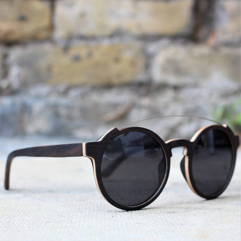 Unique Round Wood Sunglasses With Metal Bridge Modern Men Women Polarized Ebony Black Sun Glasses UV400 Handmade Oversize Shades