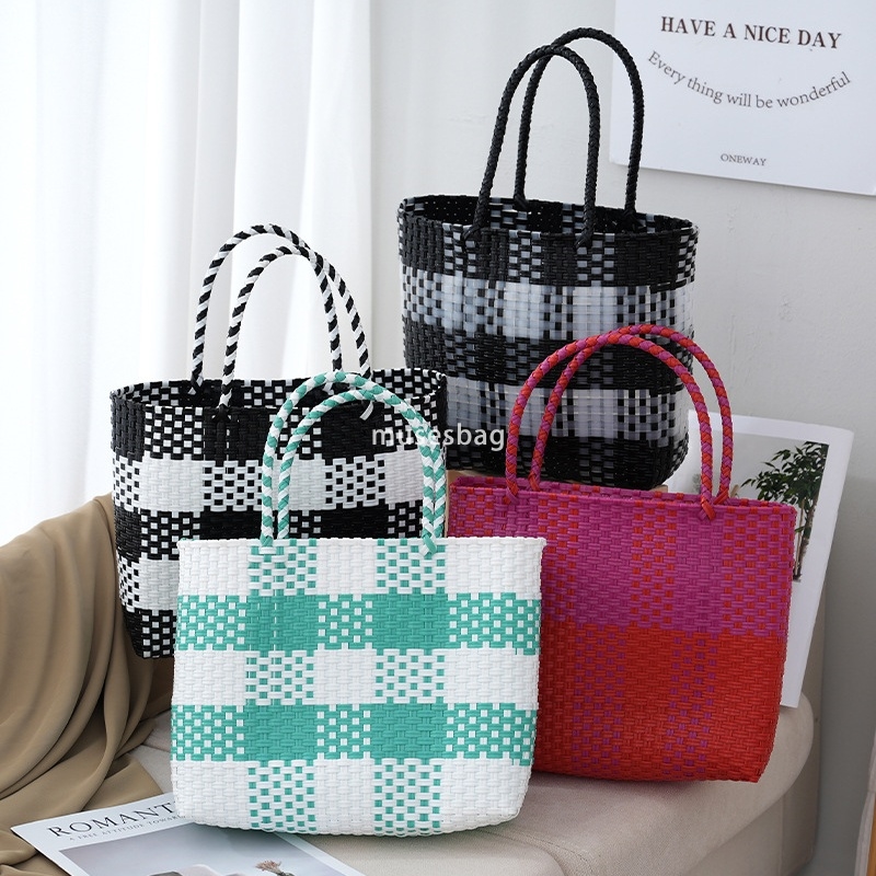 Elegant Women's Fashion Classic Practical Vegetable Basket Bag Large Capacity Handbag for Festival Gifts Multicolor Checkered New Contrast Grass 