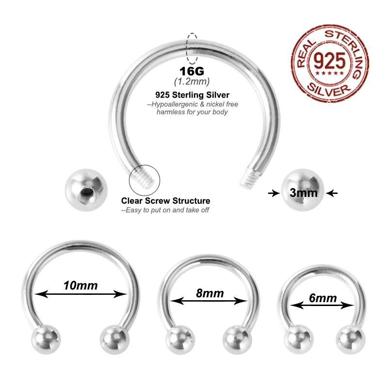 925 Sterling Silver Nose Septum Rings Horseshoe Piercing Jewelry 16G Cartilage Helix Tragus Earring Lip Piercing 6mm 8mm 10mm