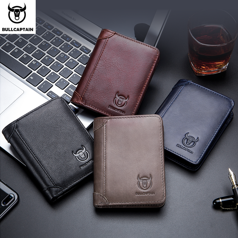 BULLCAPTAIN 2021 New Genuine Leather Man Wallet Small Mini Card Holder Male Purse Pocket RFID Wallet Coin High Quality
