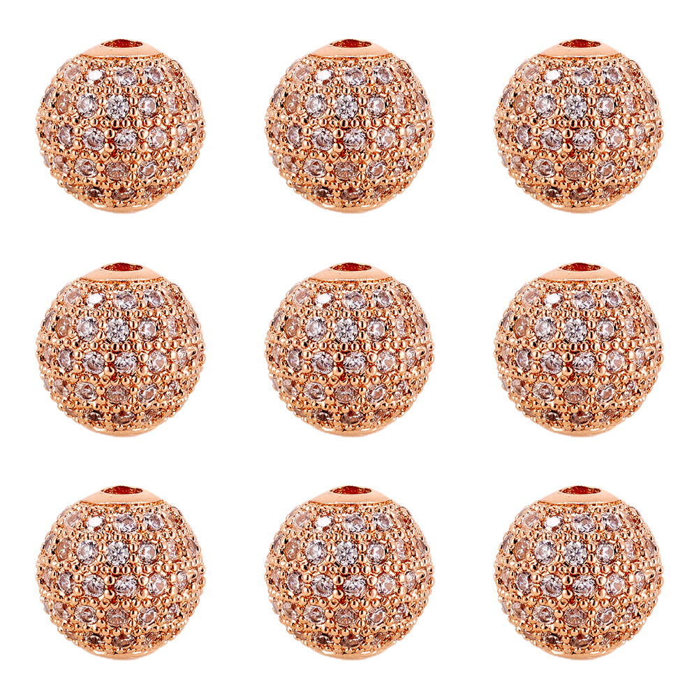 10pcs 10mm Round Brass Micro Pave Cubic Zirconia Charm Beads Metal Rhinestone Beads for Jewelry Making DIY Craft Disco Ball