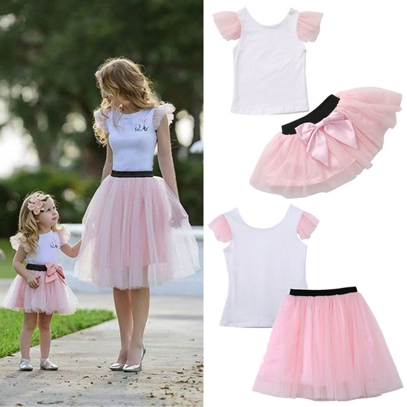 Family Matching Sets Mother Daughter Lovely Sweet Summer 2PCS White Solid T-Shirts Tops Pink Bow Lace Tutu Skirts