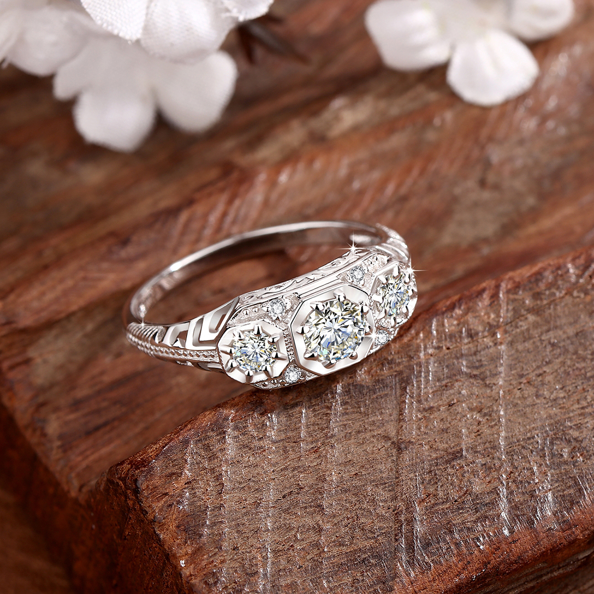 Szjinao 3 Stone D Color VVS1 Moissanite Ring For Woman 925 Sterling Silver Wedding Engagement White Gold Color Fine Jewelry