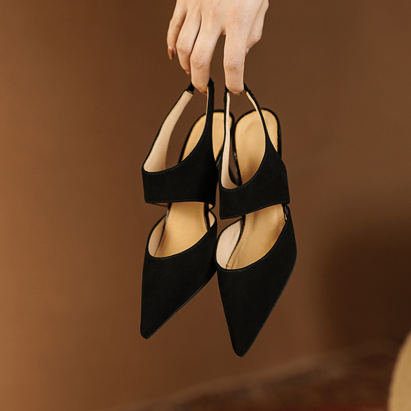 2024 New Spring Suede Genuine Leather Retro Slip-On Pumps Pointed Toe Shoes Heels Women 68