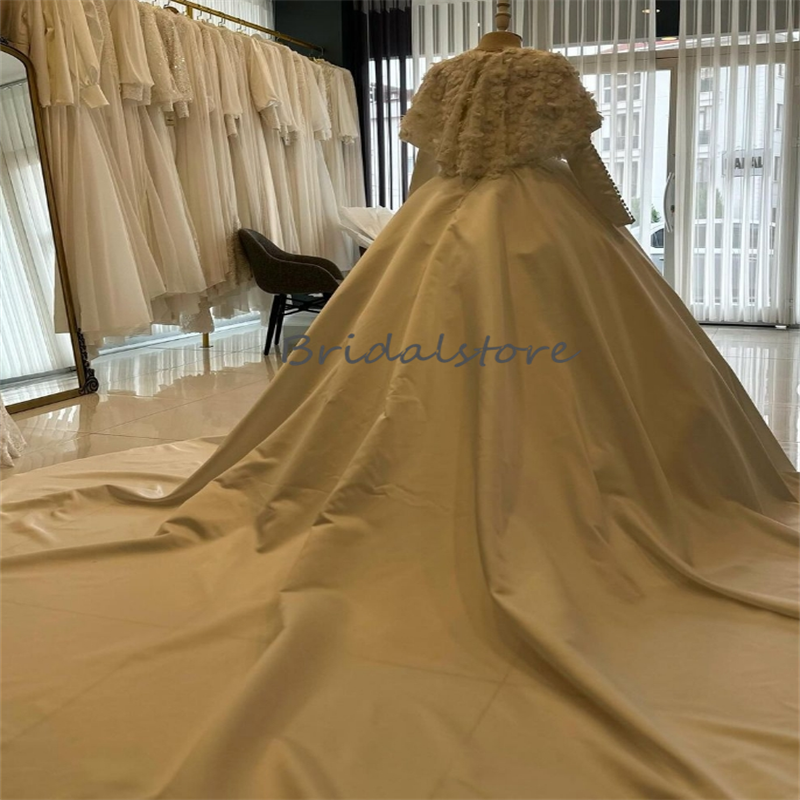 Islamic Muslim 3D Florals Wedding Dresses 2024 Dubai Arabian Turkish Bridal Gowns Long Sleeve A Line Satin Church Bride Dress Vestio De Novias Robe De