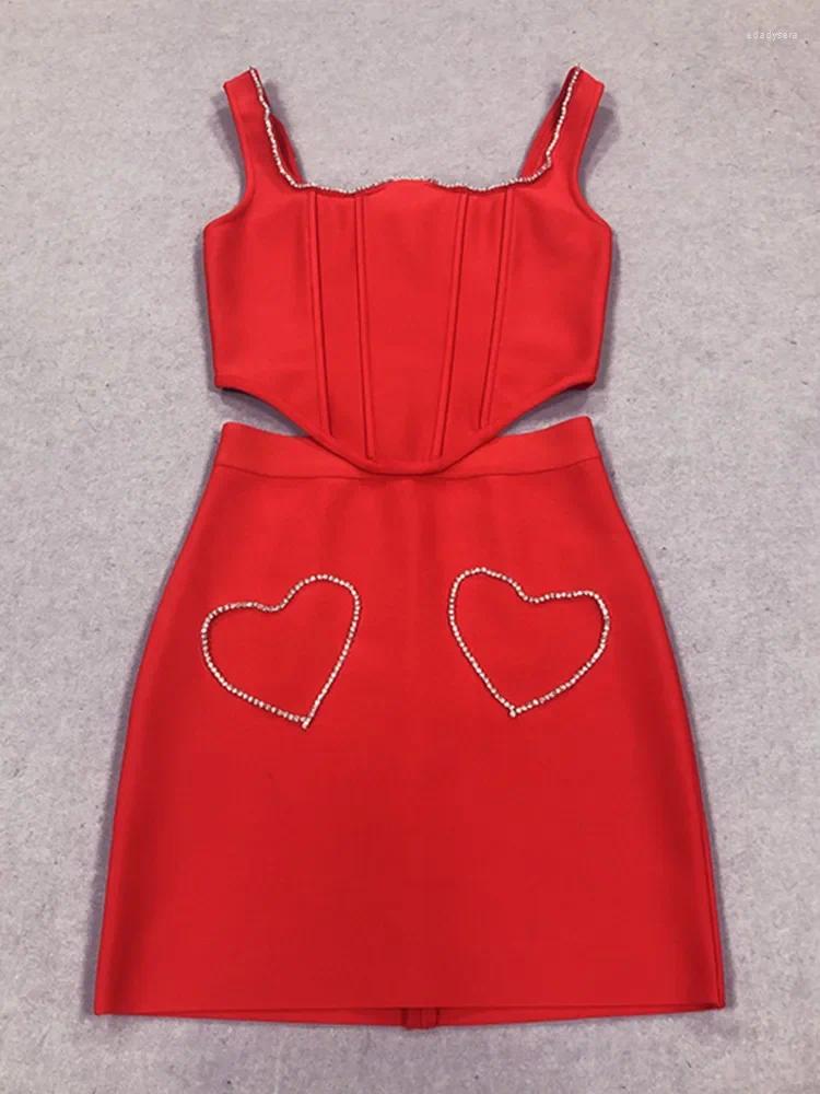 Work Dresses Women Summer Red Rib Bandage Outfits Camisole Crop Top And Mini Skirts Two Pieces Sets High Street Evening Club Party Clothes