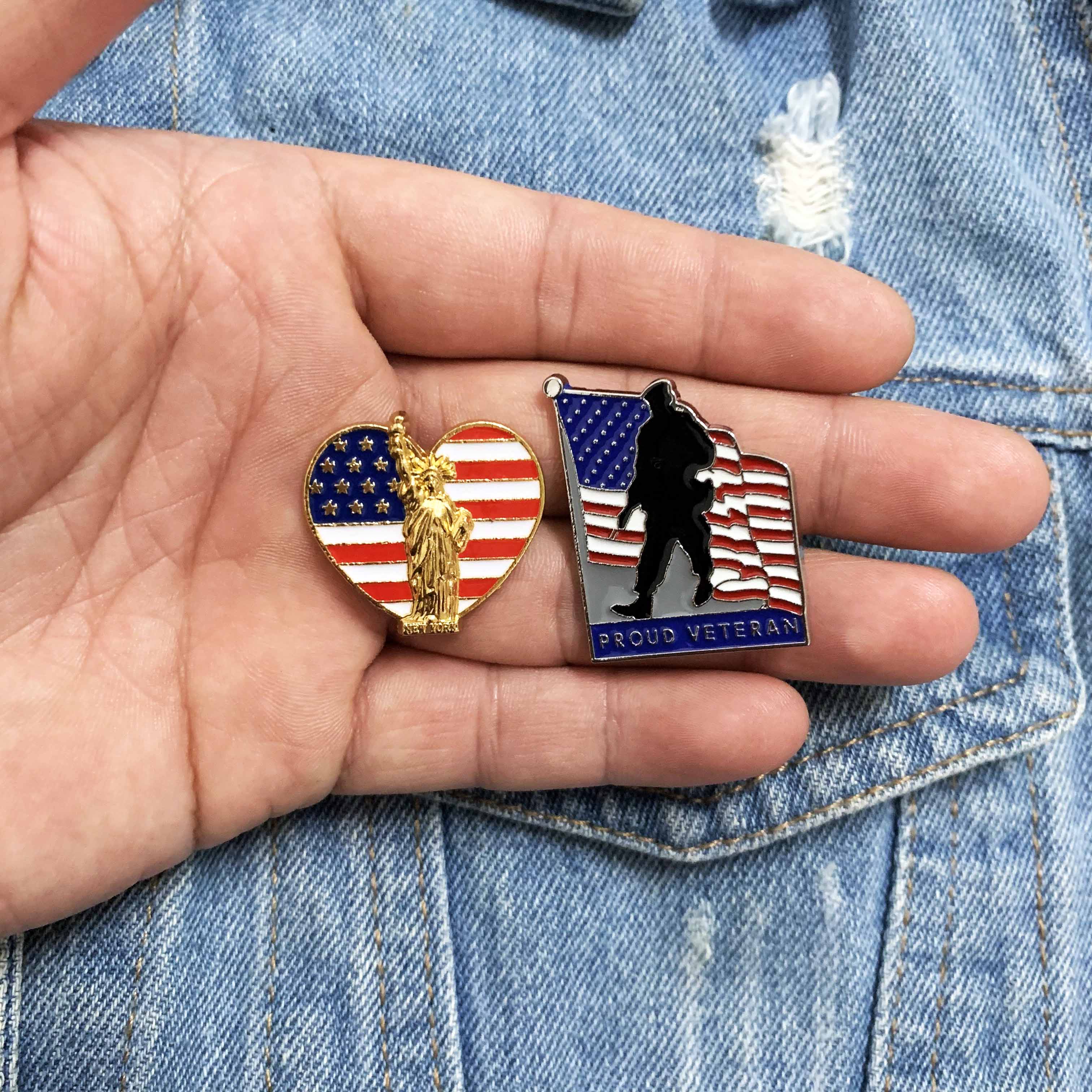 United States National Flag Enamel Pins US America Soldier Veteran Statue of Liberty Souvenir Badge Brooch Bag Clothes Lapel Pin