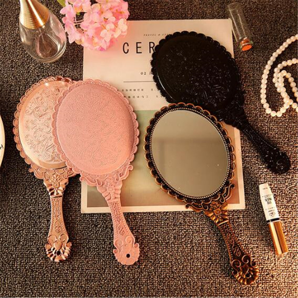 Vintage Carved Handheld SPA Salon Makeup Vanity Hand Handle Cosmetic Compact Mirror for Women F624-5