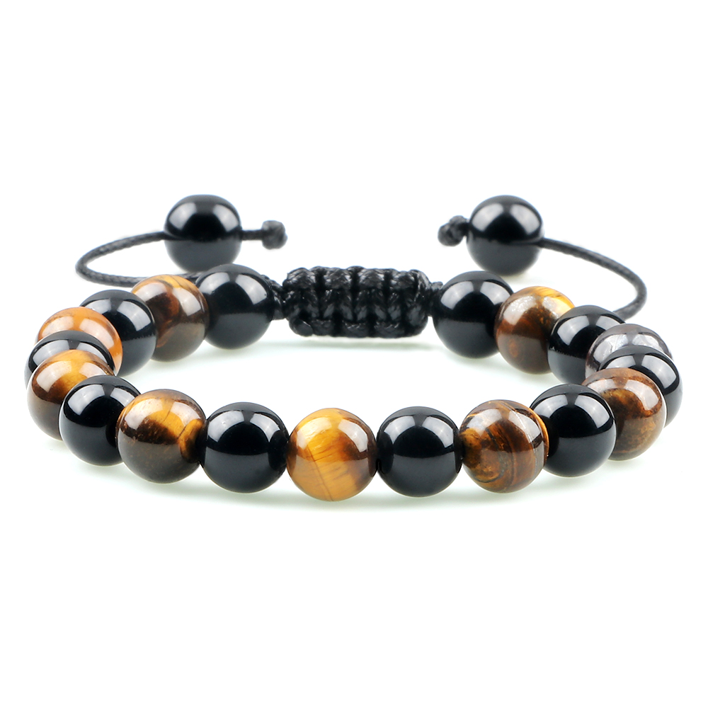 Natural Black Obsidian Beaded Bracelet Men Tiger Eye Stone Cat Eye Bracelet Yoga Essential Oil Elastic Strand Bangles Charm Gift