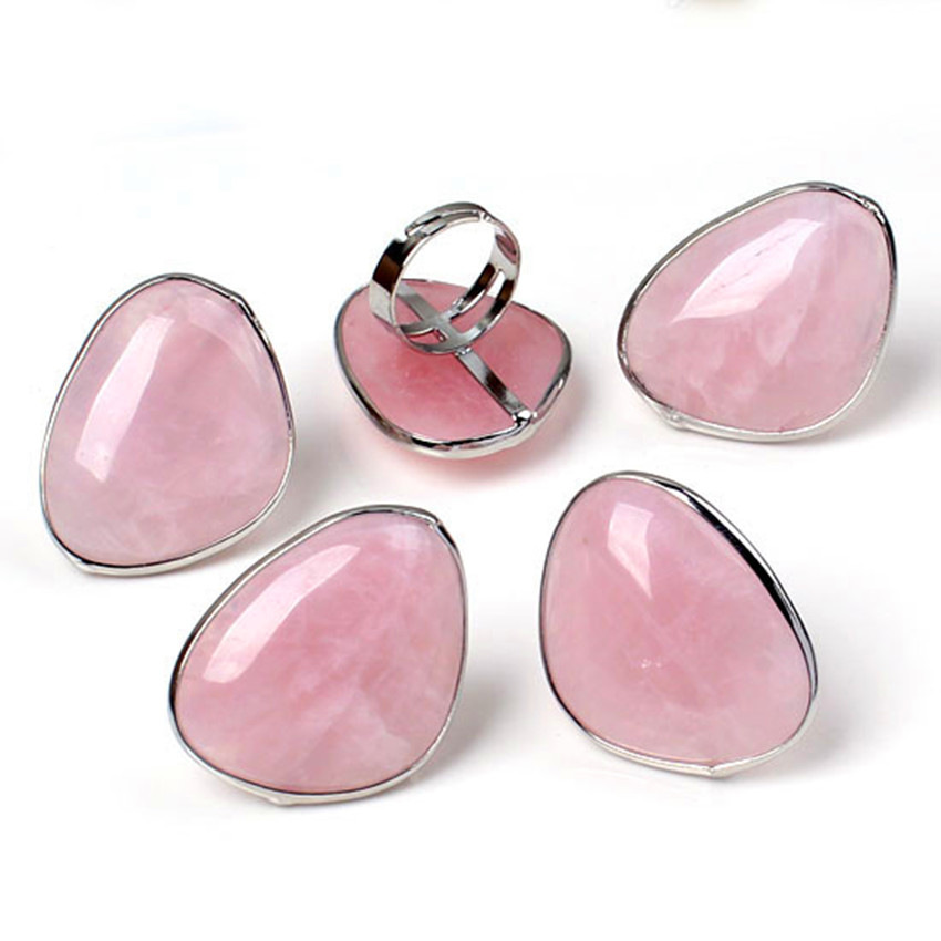 KFT Natural Rose Pink Quartz Stone Rings Healing Crystal Quartz Reiki Stone Resizable Finger Ring Jewelry For Women Men Girls