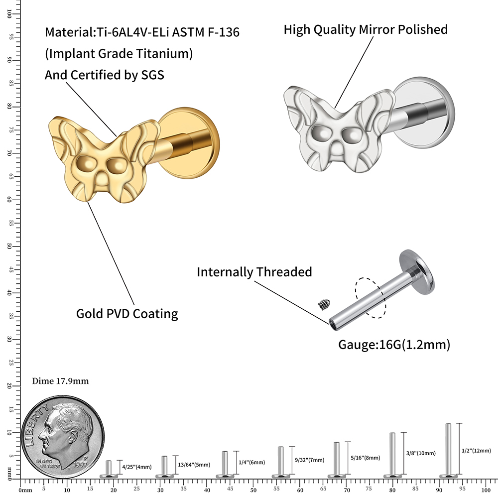 Right Grand ASTM F136 Titanium 16G Butterfly Labret Stud Halloween Skull Cartilage Earring Tragus Helix Earlobe Piercing Jewelry