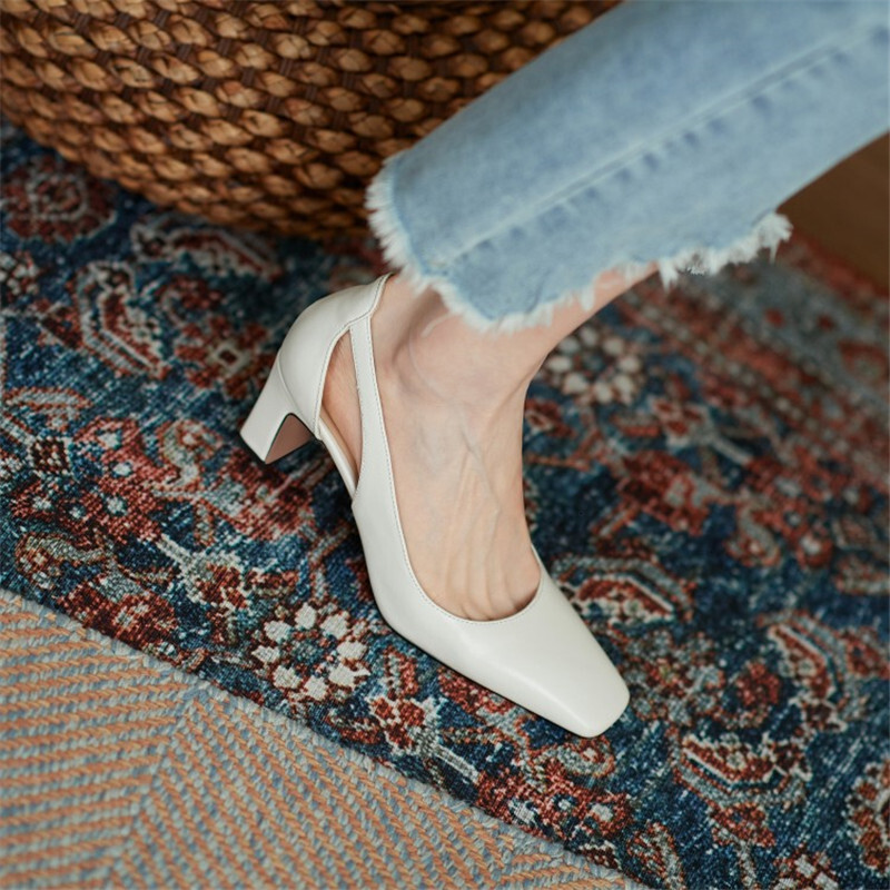 Genuine Leather Pumps Spring/Autumn Square Toe Chunky Heel For Women Sexy High Heels Women's Work Shoes
