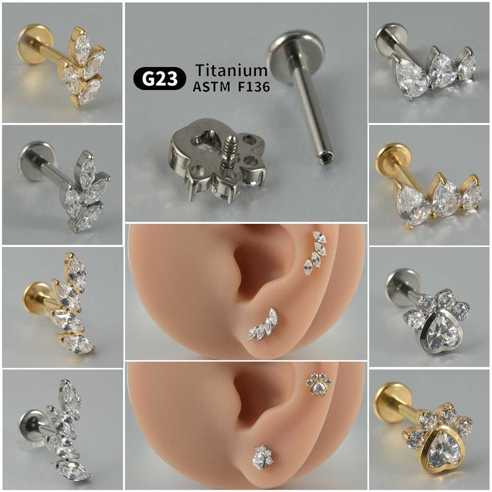 1PC G23 Titanium Marquise Cz Dog Paw Leaf Labret Lip Stud Ear Cartilage Tragus Helix Earring Daith Lobe Piercing Body Jewelry