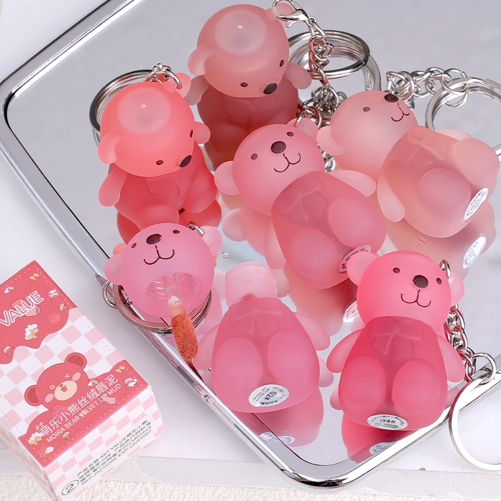 New 12 Colors Cute Bear Keychain Lip Mud Sexy Red Pink Matte Velvet Liquid Lipstick Waterproof Long Lasting Lips Makeup Cosmetic
