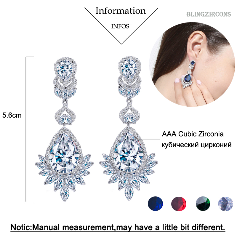 BeaQueen Luxury Royal Blue Water Drop CZ Crystal Women Wedding Jewelry Long Bridal Earrings with Clear Cubic Zirconia E081