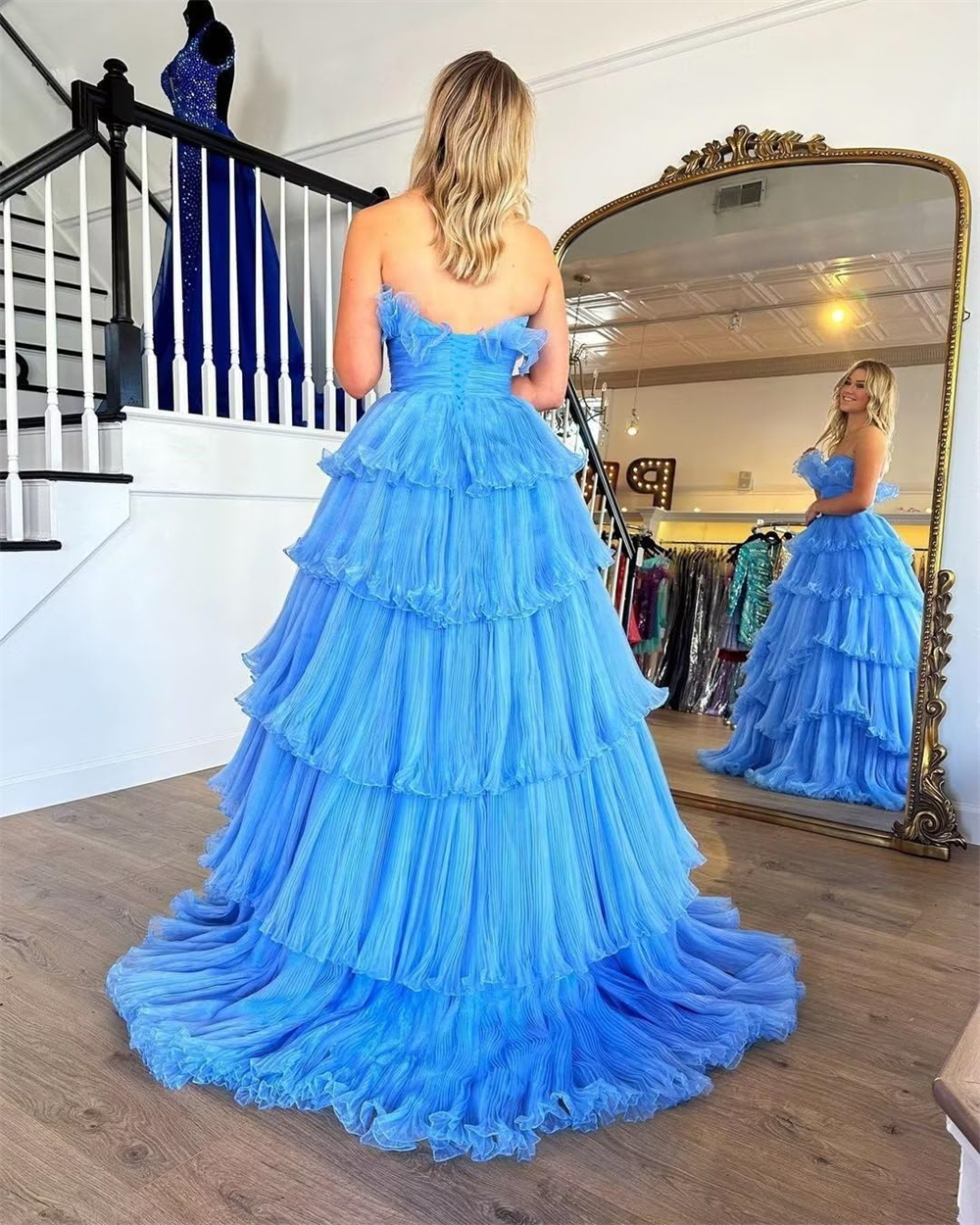 Long Prom Dresses Tiered Pleats Strapless Ball Gown Organza Lace-up Plus Size Formal Occasion Evening Party Gown Pd21