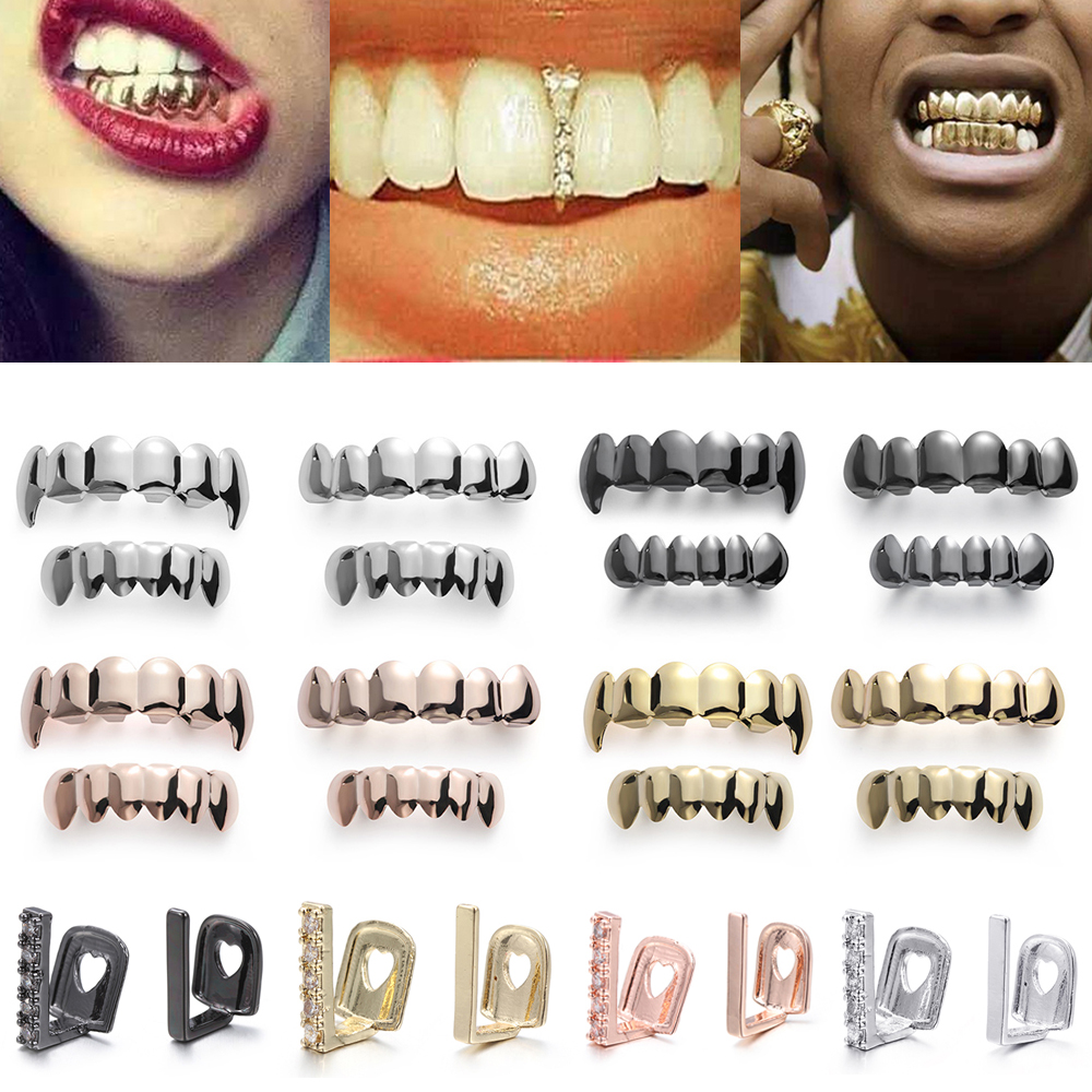 1PC Gold Plated Rhinestone Teeth Grillz Gangsta Body Jewelry Mold Kit Hip Hop Tooth Caps Top Bottom Grill Rapper Dental Jewelry