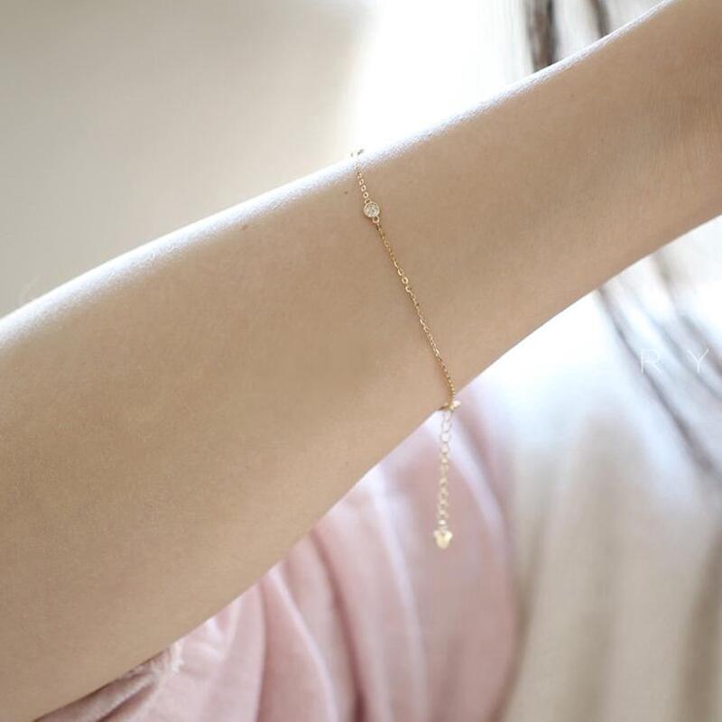 GOLDtutu 14K Real Solid Gold Crystal Charm Bracelet, Minimal Simple Style, Minimalist Jewelry, kj181