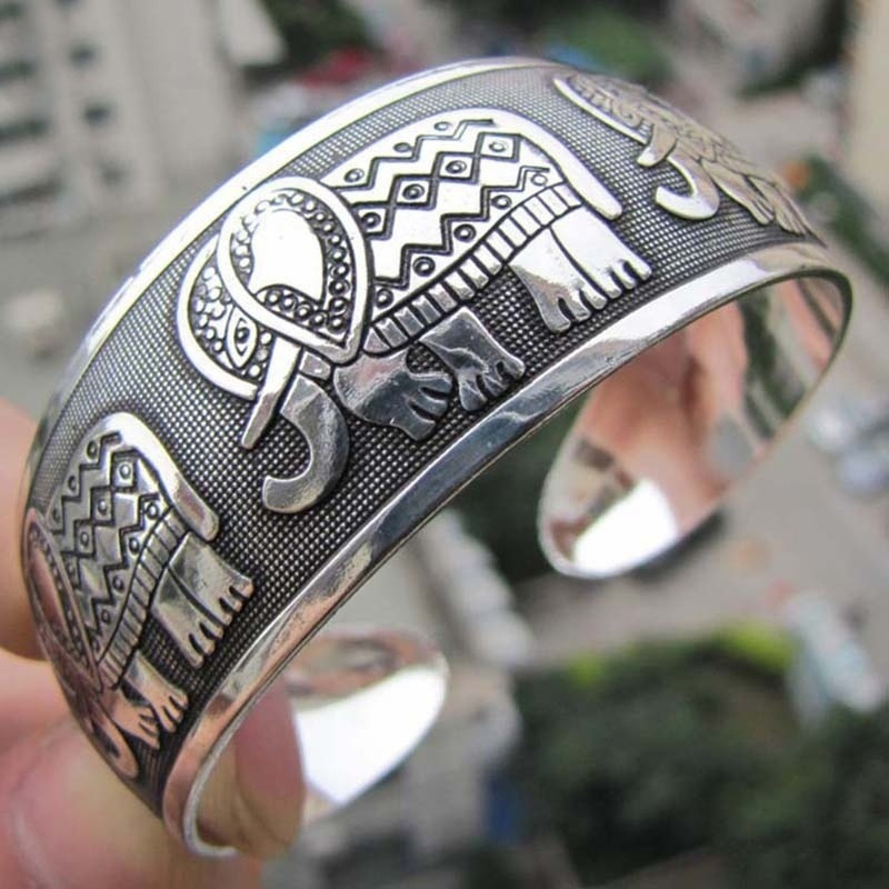 Vintage Cuff Bracelet Tibetan Silver Plated Carved Flower Geometric Animal Opening Bangle Adjustable Indian Jewelry Women Gifts