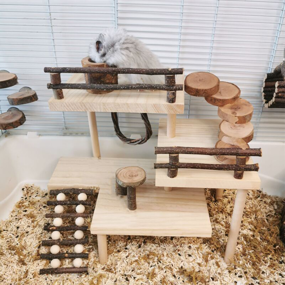 3-Tier Hamster Play Wooden Platform With Rotatable Angle Ladder Bridge Fence Handmade Small Animals Playground Climbing Toy