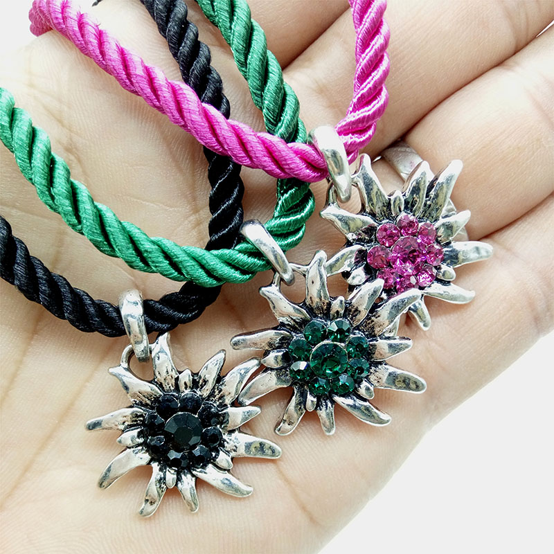 Traditional German Edelweiss Necklace Pendant Woemn Charming Luck Flower Lots Colors Rope Choker for Dirndl Costume Jewelry