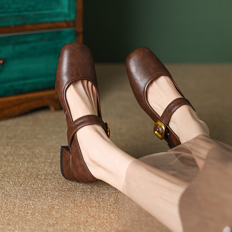 NEW Spring Pumps Split Leather For Women Round Toe Chunky Classical Low Heel Mary Janes Belt Buckle Shoes