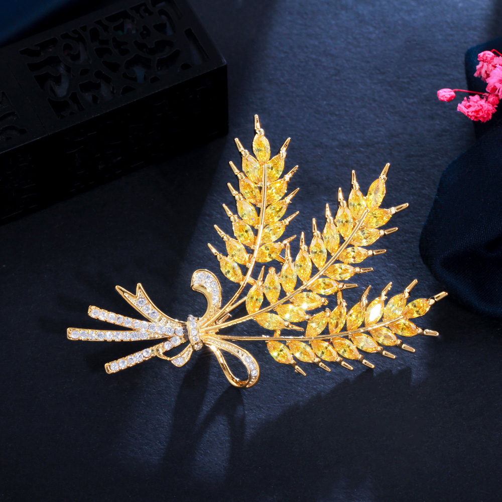 CWWZircons Shiny Yellow Cubic Zirconia Designer Luxury Big Wheat Brooch Pin for Women Jewelry Accessories Gift BH018