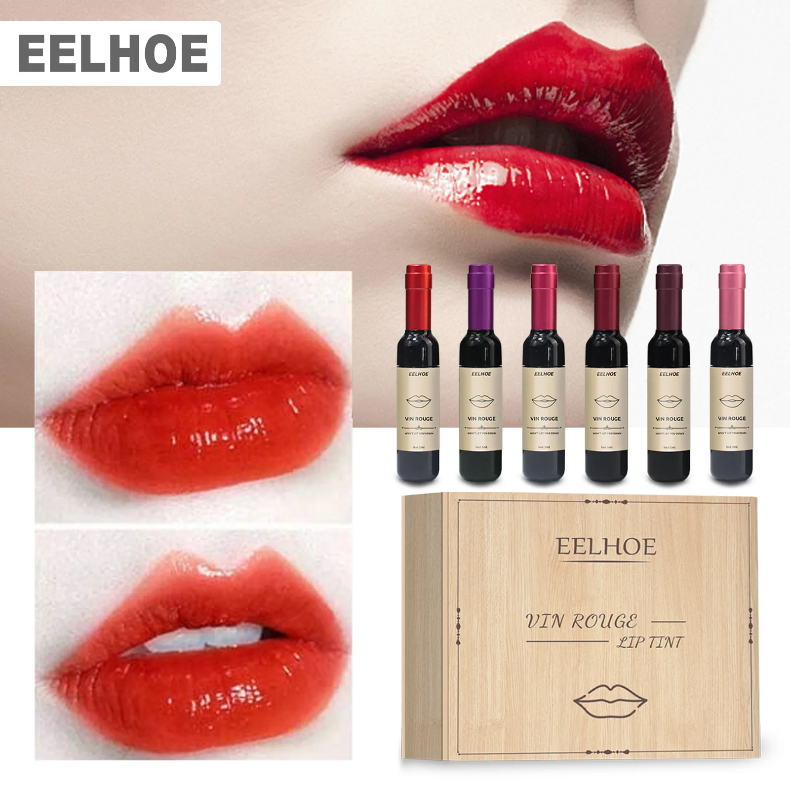 EELHOE Red Wine Bottle Lip Gloss Dyelip Liquid Set Waterproof Moisturizing Non-Fading Bottle Lipstick Makeup Gift Sexy Cosmetic