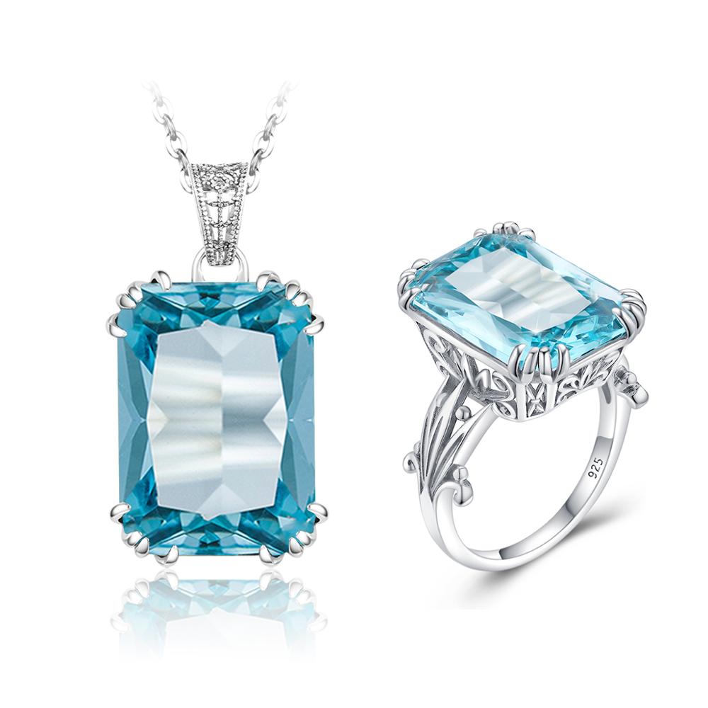Szjinao Genuine 925 Silver Jewelry Set For Women Sparkling Blue Aquamarine Pendant Ring Set Delicate Luxury Party Fine Jewelry