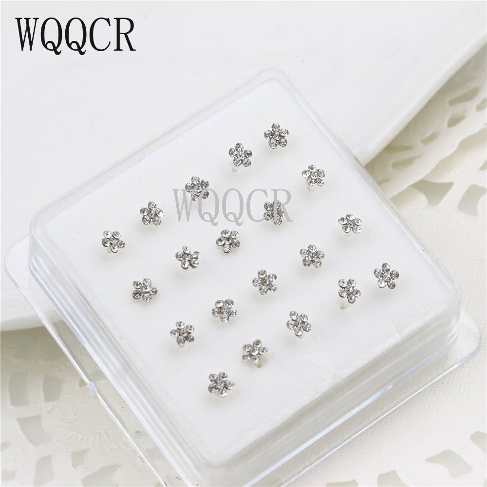 20 PCS/1 Box 925 Sterling Silver Nose Stud Nose Ring Body Puncture Jewelry Flower Crystal Nail Puncture Needle