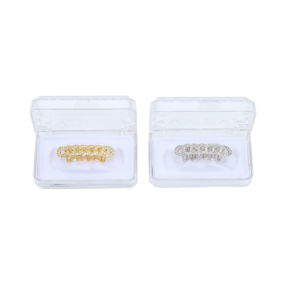 Hip Hop Cuban Chain Shape Teeth Grillz for Men CZ Stone Paved Bling Ice Out Rapper Jewelry Dental Mouth Caps Cosplay Party