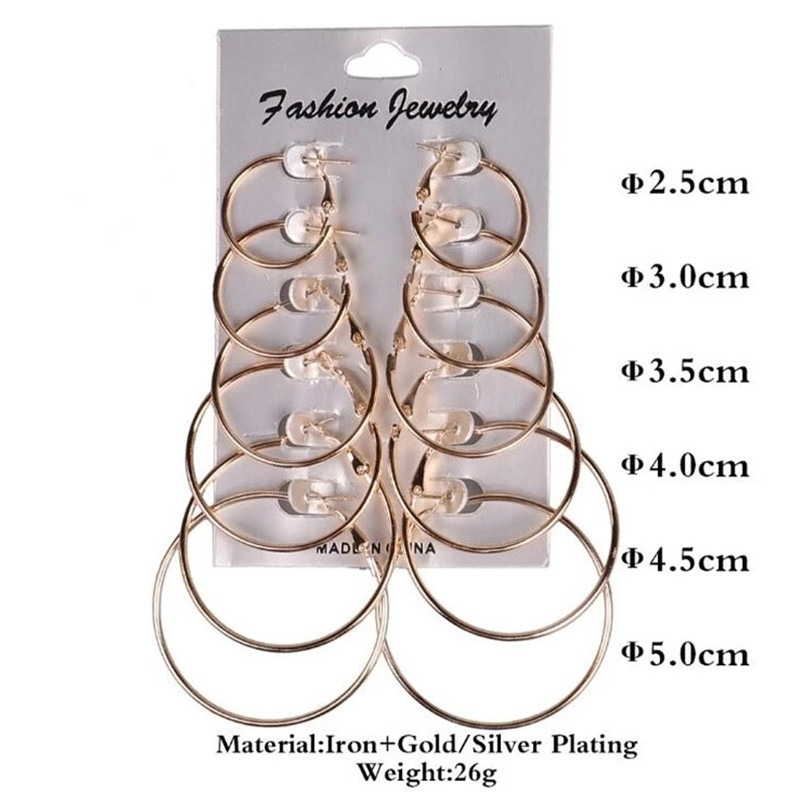 6 Pair Women Large Circle Silver Color Hoop Earrings Gold for Women Round Huggie Creole Earrings Set Vintage Hoops Ear Rings