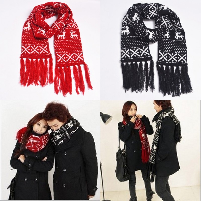Winter Thick Christmas Scarf Black Red Reindeer Shawls And Scarves For Couple Lovers Long Tassel Knitted Warm Scarves YK492