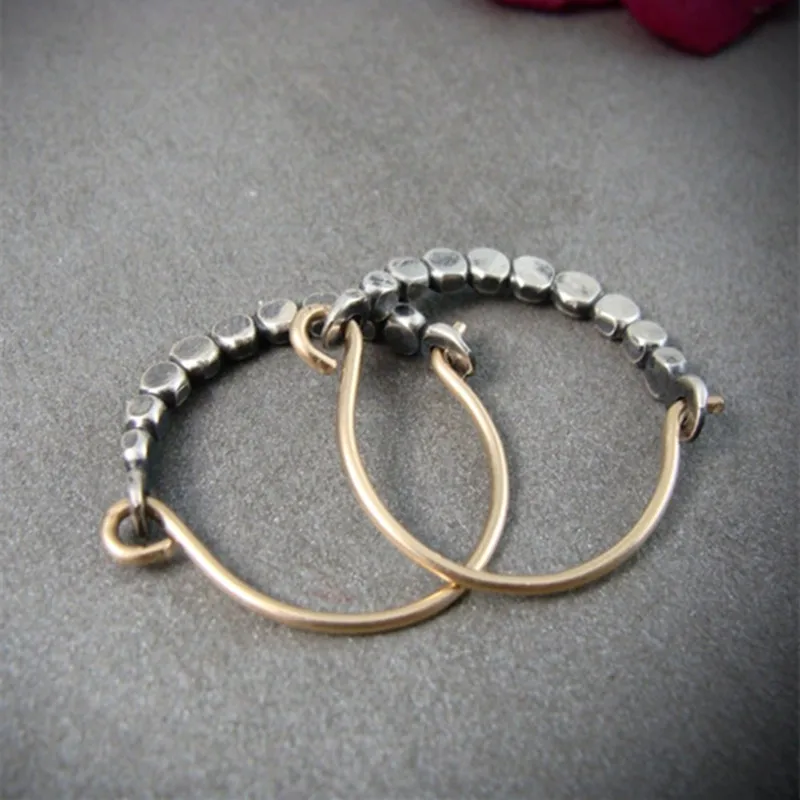 Vintage Metal Small Hand Beaded Minimalist Mixed Metal Hoop Small Hoop Unique Jewelry Gift for Her