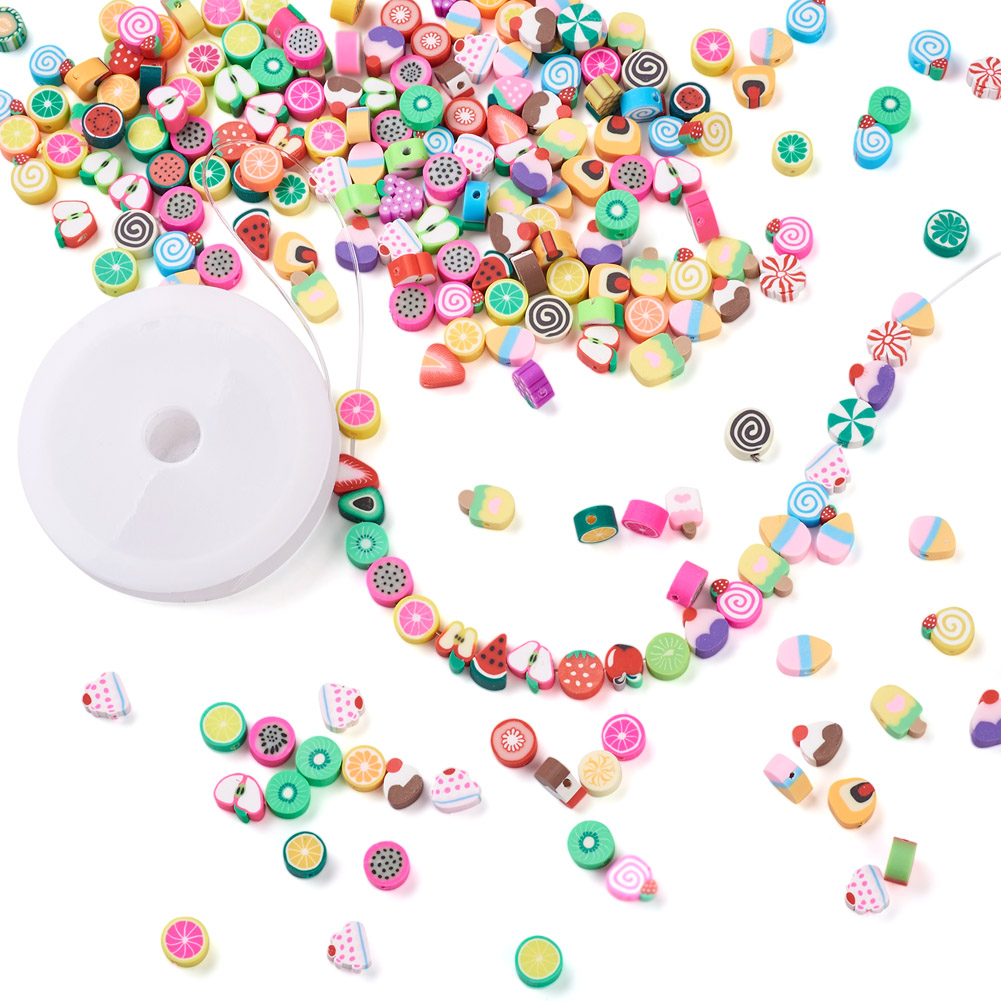 400Pcs 2 Style DIY Stretch Bracelet Making Kits With Handmade Polymer Clay Beads Fruit Theme 1 Roll Elastic Crystal Thread