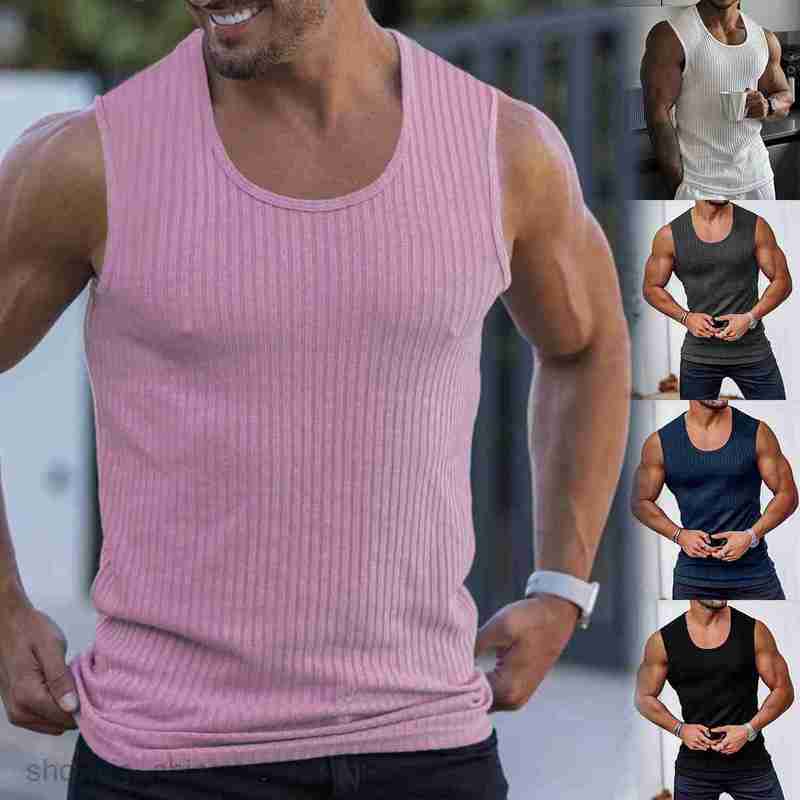Men's T Shirts Summer Knitted Vertical Fitness Sports Leisure Slim Fit Tank Top for Male Sleeveless Wide Shoulder Tank Top for Men tees tops