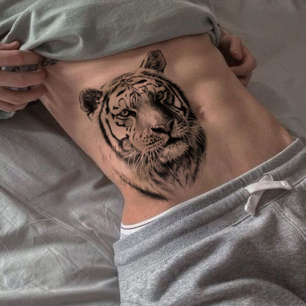 2pcs Black Realistic Sketch Tiger Waterproof Temporary Tattoo Stickers Animal Body Art Hand Arms Legs Waist Men Women Fake Tatto