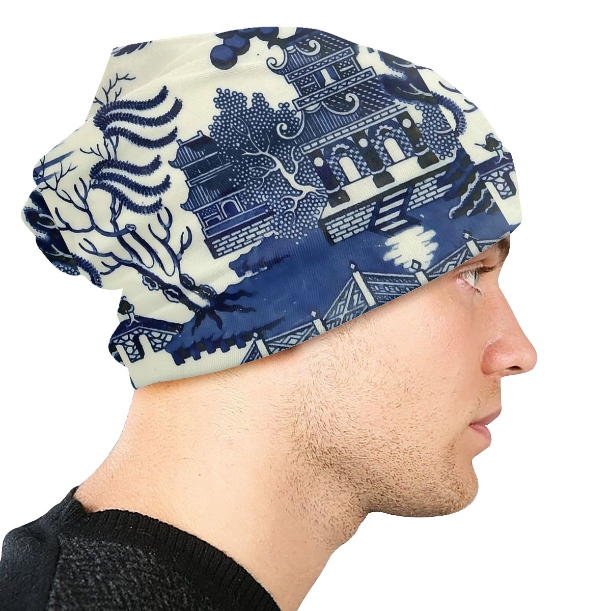 Antique Willow Ware Oriental Toile Skullies Beanies Blue Delft Hat Casual Unisex Cap Summer Warm Head Wrap Bonnet Knit Hat
