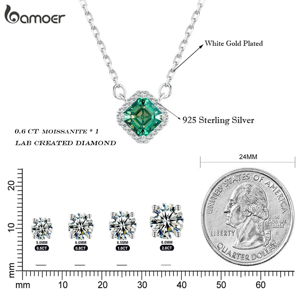 BAMOER Square Green Moissanite 925 Sterling Silver Pendant Necklace 18K White Gold Plated VVS1 Lab Diamond Necklace for Women