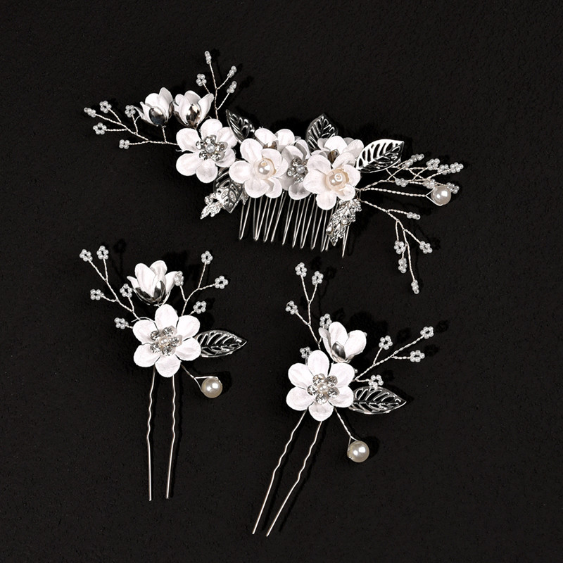 White Flower Pearls Hair Sticks Wedding Head Comb Hairpins Hair Clips Set Bridal Wedding Hair Jewelry Accessories Headwear Gift