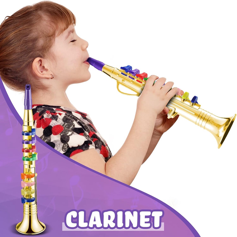 Set Of 2 Music Instruments Trumpet And Saxophone Portable Clarinet With Colored Keys Educational Toy Kit For Home School