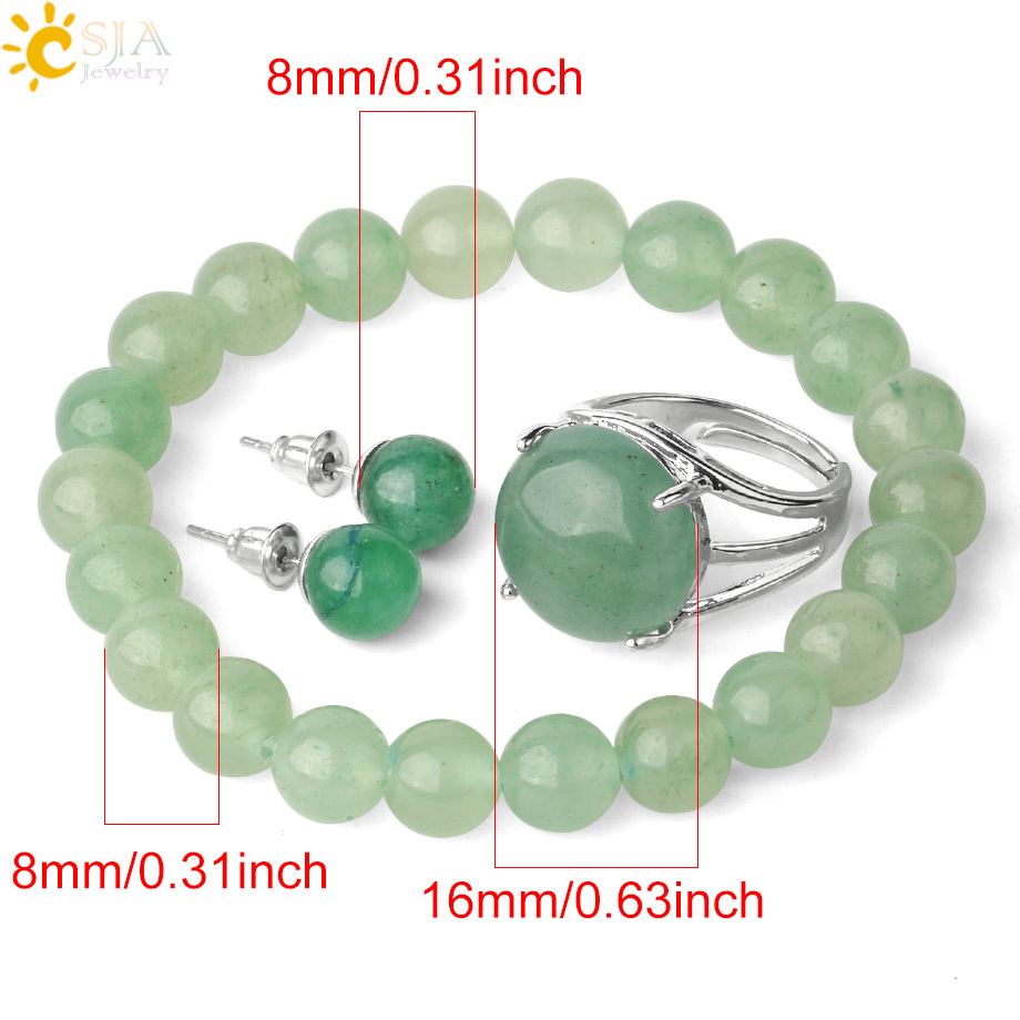 CSJA Natural Stones Jewelry Sets Healing Pink Quartz Purple Crystal Green Aventurine Stud Earrings Bracelets Ring for Women G369