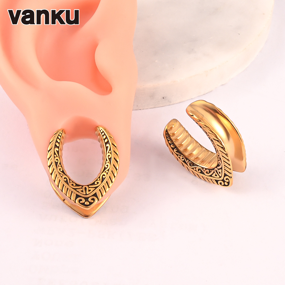Vanku 2pcs Antique Vintage Ear Flesh Tunnel Expander Gauge Hollow Plugs Stretcher Half Arc Shape Tunnel Plugs Piercing Jewelry