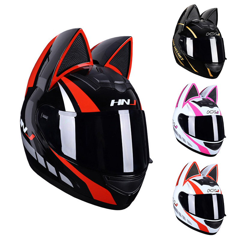 Motorcycle Helmets Men Women Cat Ear Helmets Full Face Helmet with Black Lens Four Seasons Moped Scooter Riding Motocross Helm