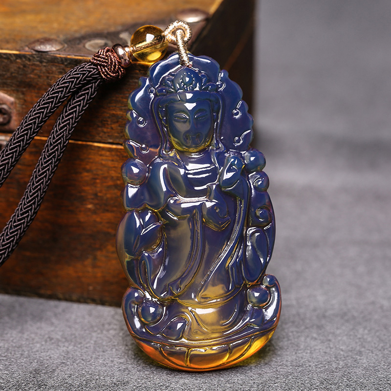 Buddha Necklace Natural Domi Blue Potter Pendant Sweater Chain Raw Mineral Honey Wax Amber Men's Guanyin Necklace Pendant